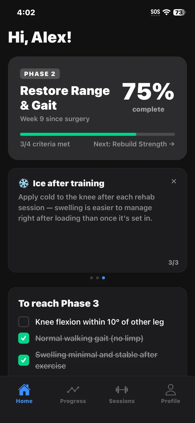 ACL Ready home screen in Phase 2, 75% complete, with 3 of 4 criteria met