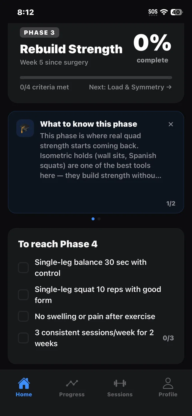 ACL Ready home screen in Phase 3, Rebuild Strength