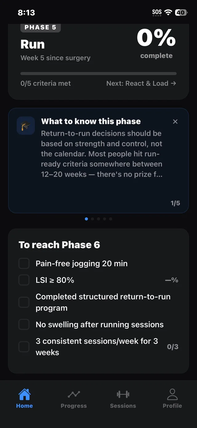 ACL Ready home screen in Phase 5, Run