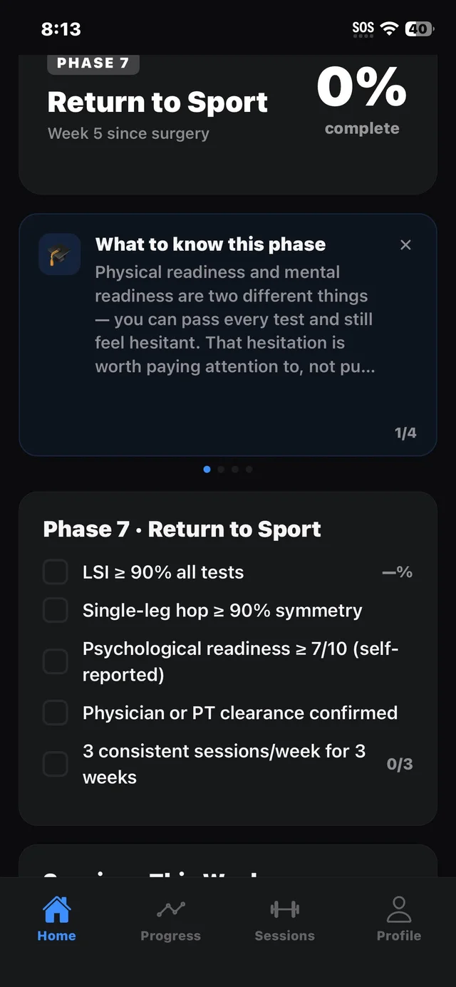 ACL Ready home screen in Phase 7, Return to Sport