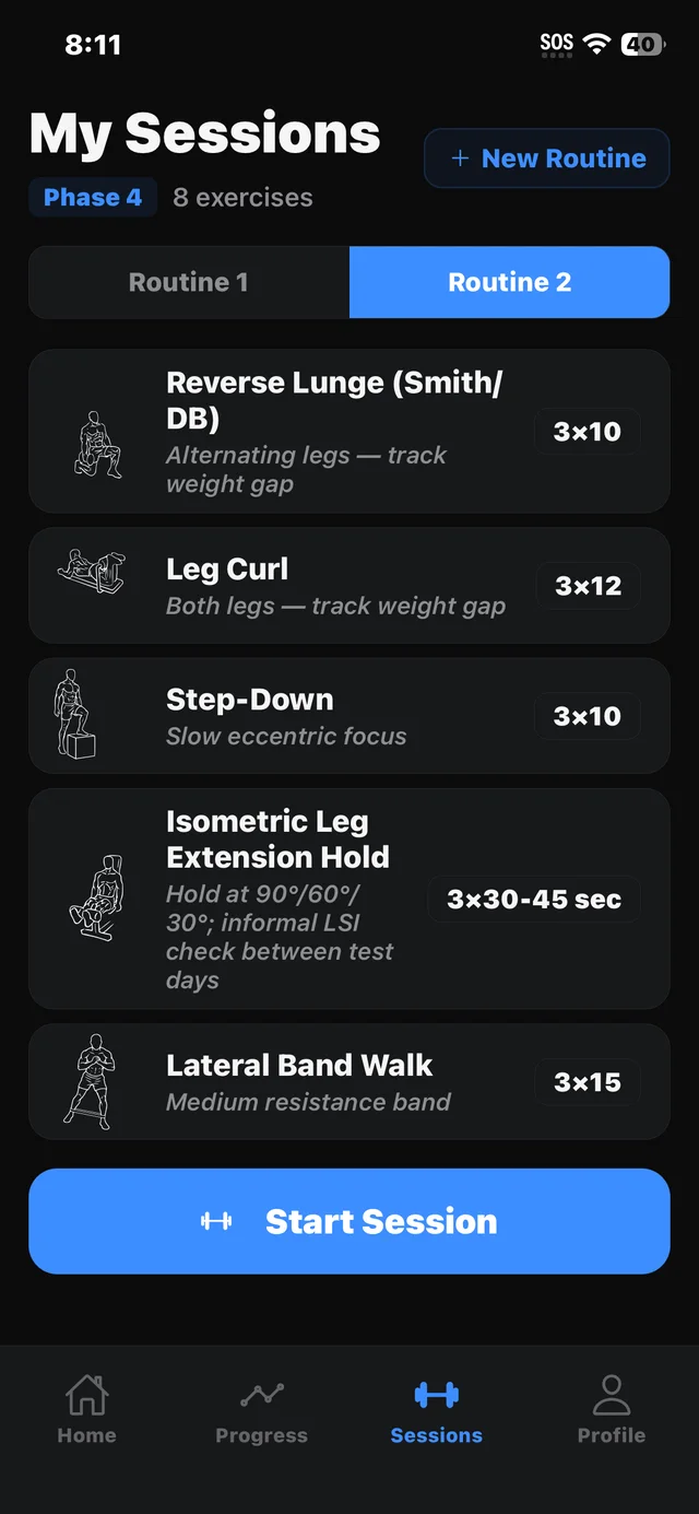 My Sessions screen showing Routine 2 for Phase 4